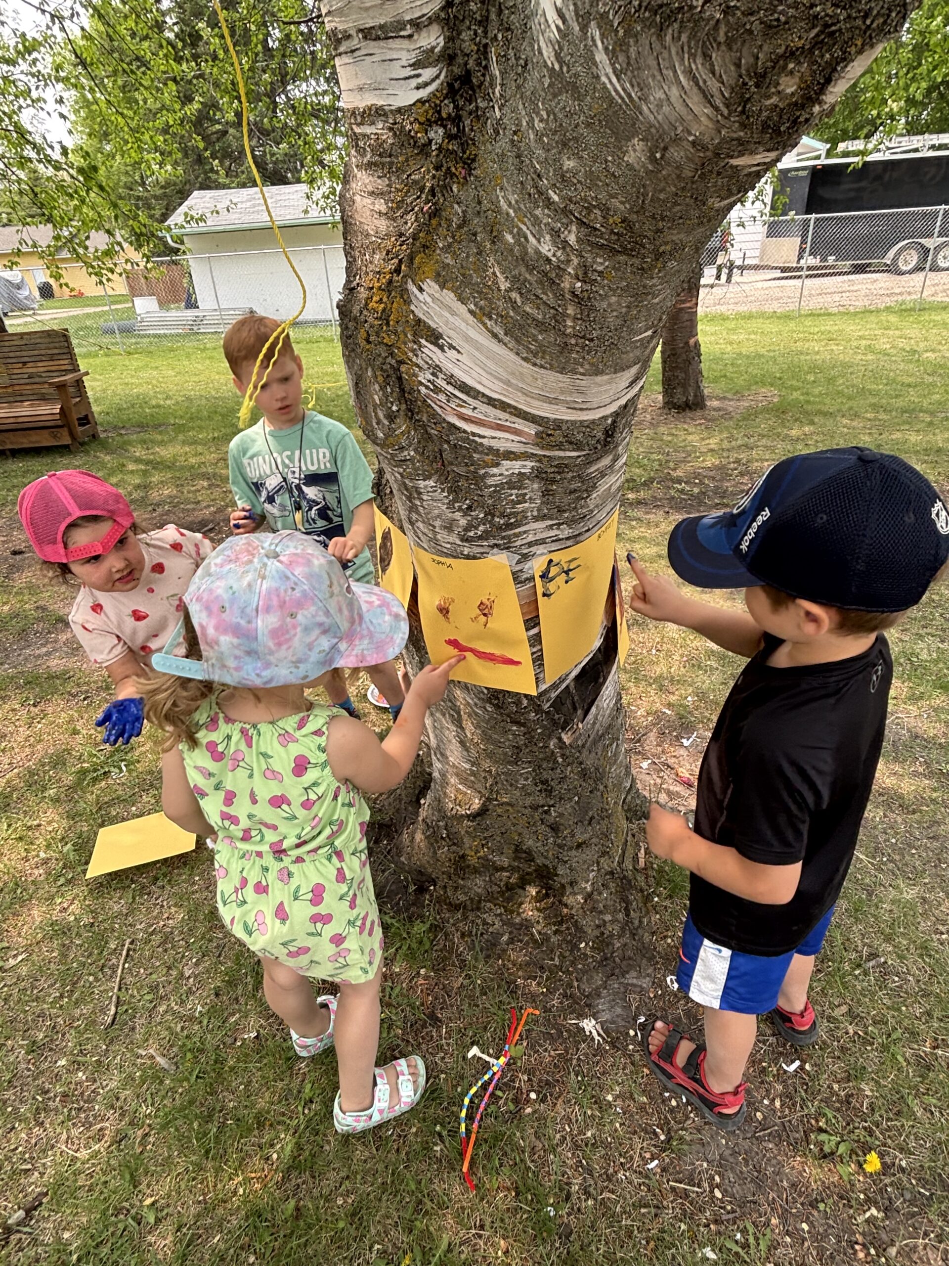 children placing pictures on a tree outside in the play-yard